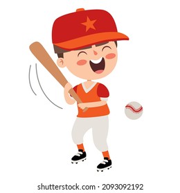 Cartoon Illustration Of A Kid Playing Baseball