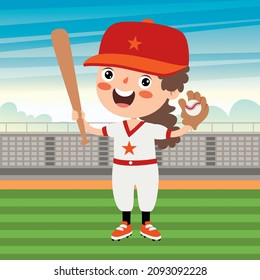 Cartoon Illustration Of A Kid Playing Baseball