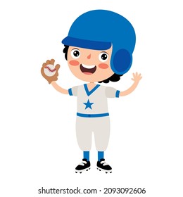 Cartoon Illustration Of A Kid Playing Baseball