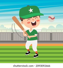 Cartoon Illustration Of A Kid Playing Baseball