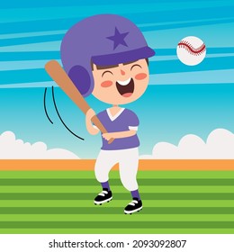 Cartoon Illustration Of A Kid Playing Baseball