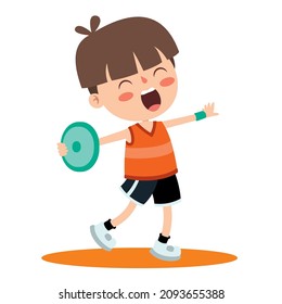 Cartoon Illustration Of A Kid Playing Discus Throw