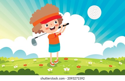 Ilustración De Caricatura De Un Niño Jugando Golf