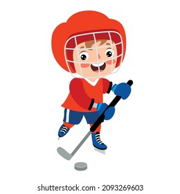 Ilustración De Caricatura De Un Niño Jugando Hockey Sobre Hielo