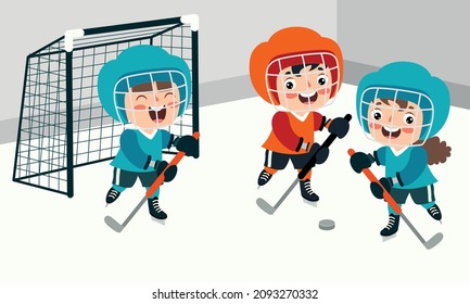 Cartoon Illustration Of A Kid Playing Ice Hockey