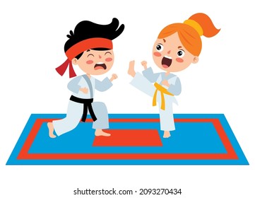 Cartoon Illustration Of A Kid Playing Karate