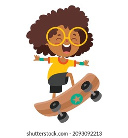 Cartoon Illustration Of A Kid Playing Skateboard