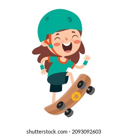 Cartoon Illustration Of A Kid Playing Skateboard