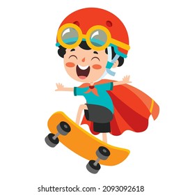 Cartoon Illustration Of A Kid Playing Skateboard