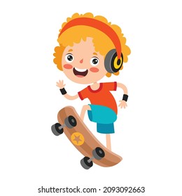 Cartoon Illustration Of A Kid Playing Skateboard