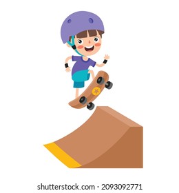 Cartoon Illustration Of A Kid Playing Skateboard