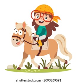 Cartoon Illustration Of A Kid Riding Horse