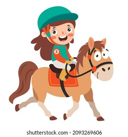 Cartoon Illustration Of A Kid Riding Horse