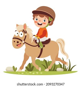 Cartoon Illustration Of A Kid Riding Horse