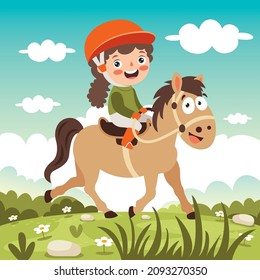 Cartoon Illustration Of A Kid Riding Horse