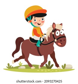 Cartoon Illustration Of A Kid Riding Horse