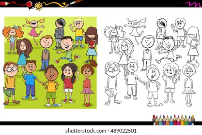 Cartoon Illustration of Kid or Teen Characters Coloring Book Activity