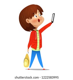 Cartoon Illustration Of Kid Using Mobile Device. Girl making selfie. Vector