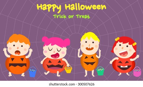 Cartoon illustration of kids, children, boy and girl characters wearing funny pumpkin toy costume dress and a bucket full of candy. Happy Halloween holiday celebration party, play trick or treat game.