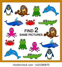 Cartoon Illustration for kids. Children's riddles. Educational game.Find two same pictures.