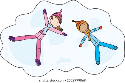 Cartoon illustration kids making angels in the snow