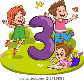 Cartoon Illustration of Kids with Number 3 or Number 3 for Children Education