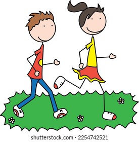 Cartoon illustration of kids running on the grass