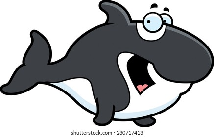 A cartoon illustration of a killer whale looking scared.
