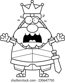 A cartoon illustration of a king in armor looking scared.
