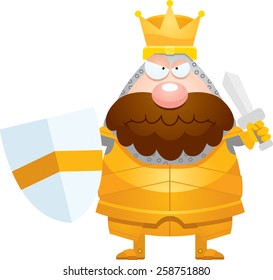A cartoon illustration of a king in armor looking angry.