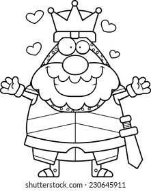 A cartoon illustration of a king in armor ready to give a hug.