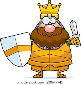 A cartoon illustration of a king in armor with a sword.