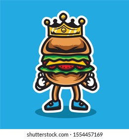 cartoon illustration king burger, mascot, trendy, hype, crown, vector