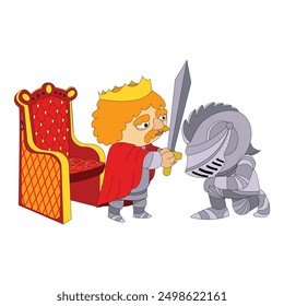 Cartoon illustration of a king knighting a kneeling soldier with a sword next to a throne