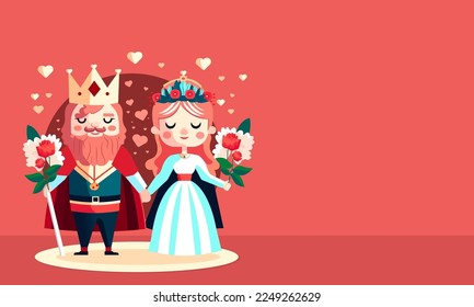 Cartoon Illustration Of King And Queen Holding Hands Together With Bouquet, Hearts On Red Background. Valentine's Day Concept. Happy Valentines Day Concept.