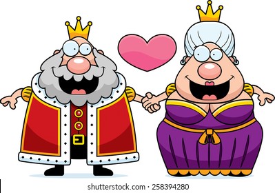 A cartoon illustration of a king and queen holding hands and in love.
