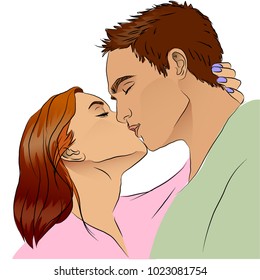 Cartoon illustration of kissing couple. Man and woman. 