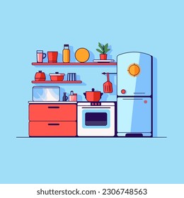 A cartoon illustration of a kitchen with a stove, a cup, a pot