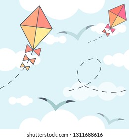 Cartoon illustration, kite in the sky with clouds and birds, seagulls, pattern. Vector.