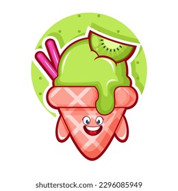Cartoon illustration of kiwi ice cream with smile face
