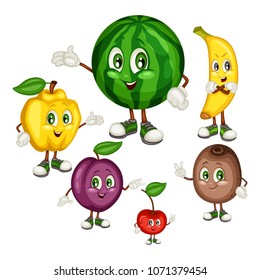 Cartoon Illustration of a Kiwifruit, Cherry, Quince, Plum, Watermelon and Banana. Set of Cute Fruit Mascots. Vector Illustration