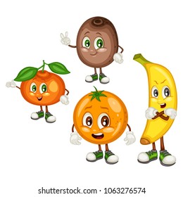 Cartoon Illustration of a Kiwifruit, Mandarin, Orange and Banana. Set of Cute Fruit Mascots. Vector Illustration