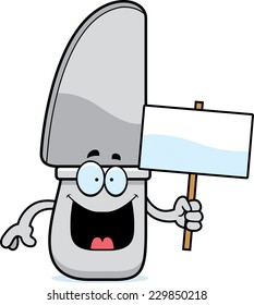 A cartoon illustration of a knife holding a sign.