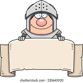 A cartoon illustration of a knight with a banner.