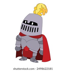 Cartoon illustration of a knight character wearing a red cape and a feathered helmet