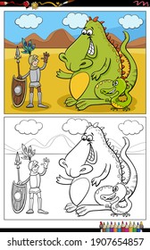 Cartoon illustration of knight and dragons coloring book page