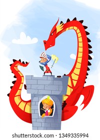 Cartoon illustration of knight saving princess from dragon. Vector
