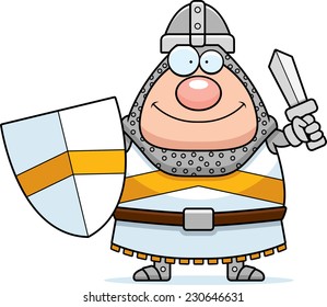 A cartoon illustration of a knight with a sword.