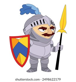 Cartoon illustration of a knight wearing armor and holding a shield and lance