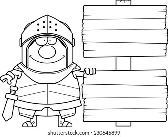 A cartoon illustration of a knight with a wooden sign.